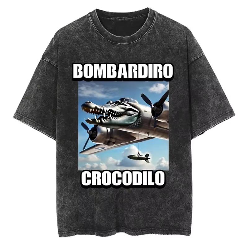 Vintage Washed Bombardiro Crocodilo T Shirt Funny Plane Bomber Crocodile Meme T-shirts Men Women Gothic Casual Humor T Shirts