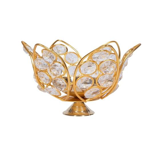 Dekorativ kristalloljelampa i mässing, set med 2 lotusformade Akhand Diya, Diamond Crystal Deepak för Puja och heminredning