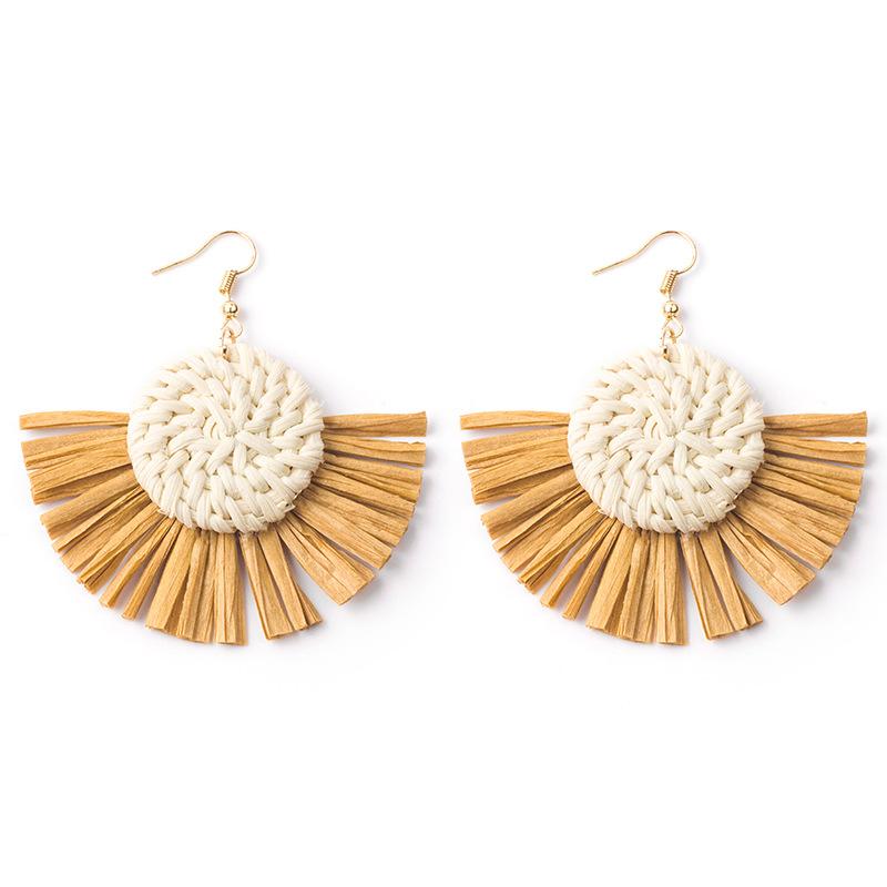 Hand-Woven Geometric Rattan Raffia Earrings, Retro Resort Fan Stud Earrings, Earrings For Women