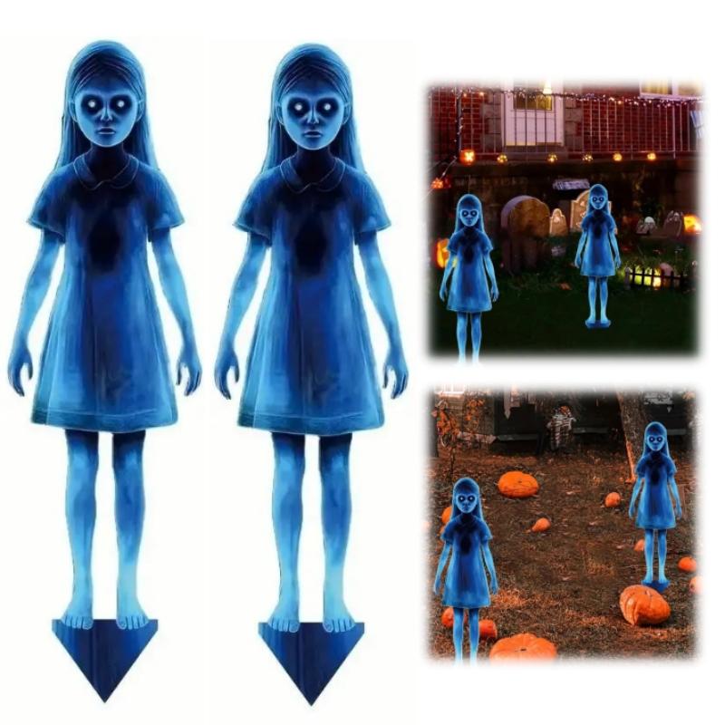 2pcs Halloween Scary Ghost Girl Garden Stake Twin Female Ghost Courtyard Insertion Outdoor Decor Lawn Patio Haunted Metal