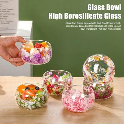 Double Wall Glass Bowl with Real Pressed Flowers Heat & Cold Resistant Transparent Food Bowl for Salad Dessert Serving Cute Home Kitchen Decor