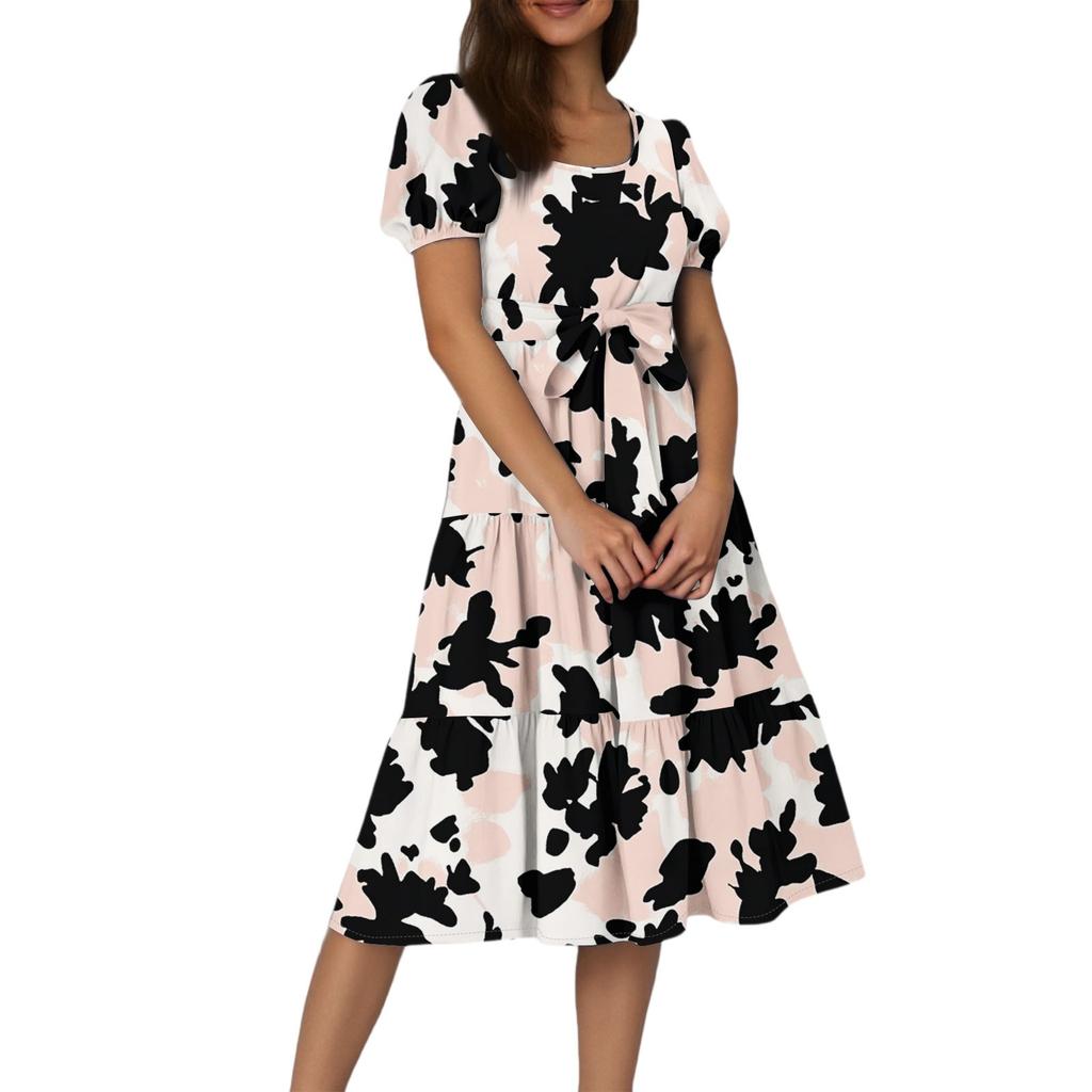 Women's Summer Floral Print Short Sleeves Neck Waistband Bohemian Flowy Maxi Dress With Pockets