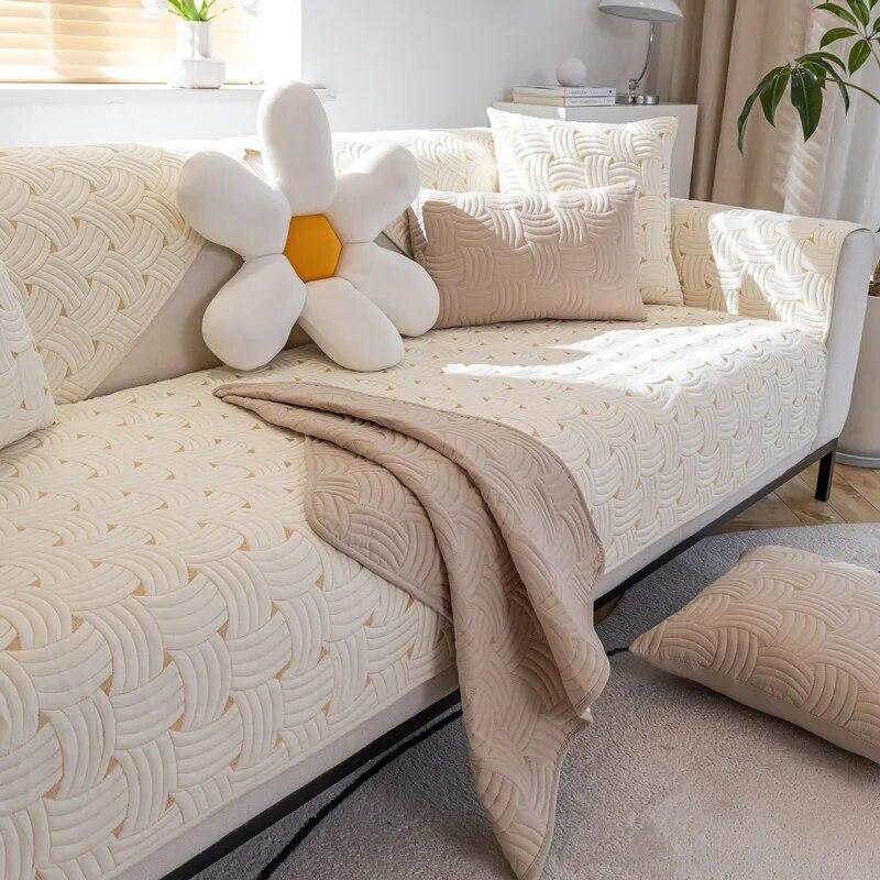 Thick Plush Sofa Covers Non-Slip Weaving Pattern Sofa Mat Solid Color Sofas Towel Couch Slipcover Pad for Living Room Protection