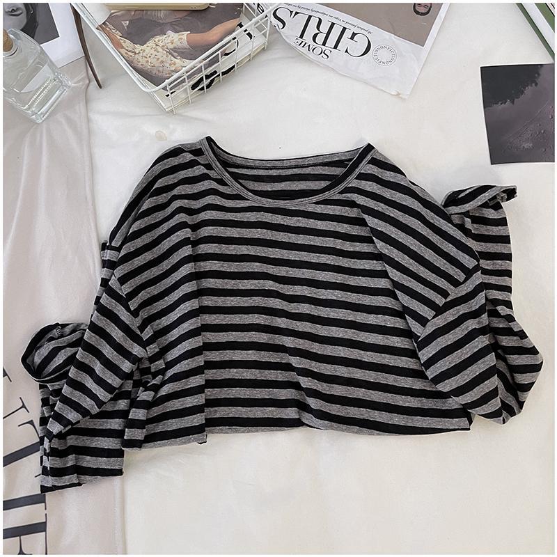 Women's Striped Long Sleeve T Shirt Loose O Neck Tops Retro Female Tees Bottoming Base Shirt
