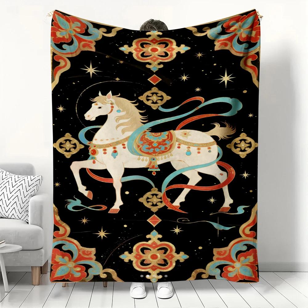 Lucky Golden Vintage Chinese Style White Horse Flannel Blanket Year of the Horse Festive Throw for Home Decor