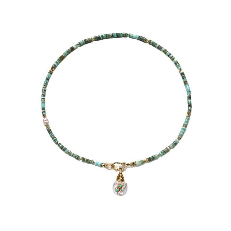 Baroque Freshwater Pearl & Zircon Clavicle Necklace with Green Shell & Turquoise Design
