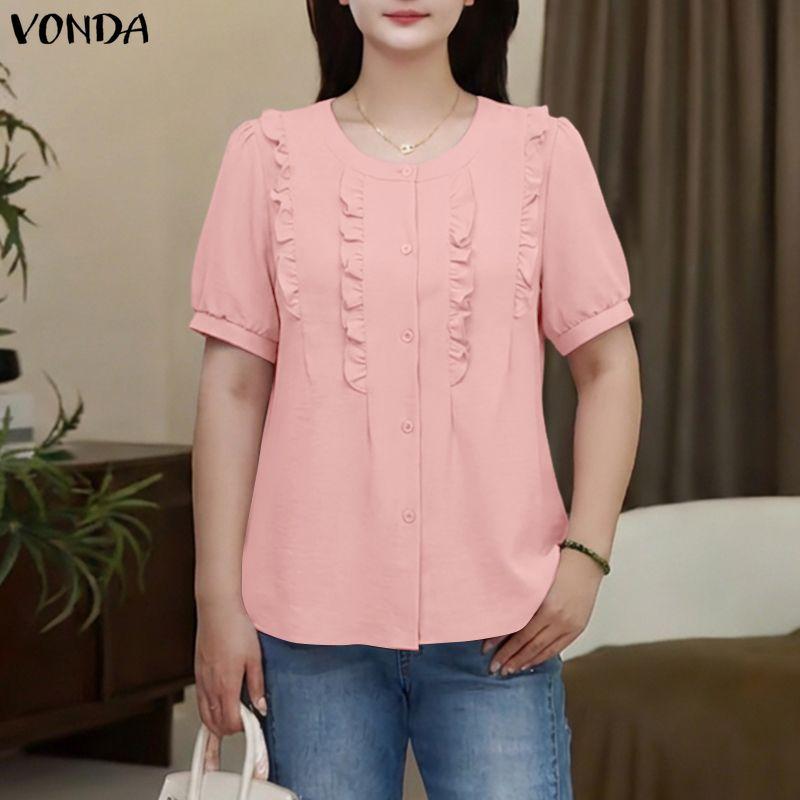 VONDA Women Casual O Neck Solid Color Summer Short Sleeve Blouse Tops