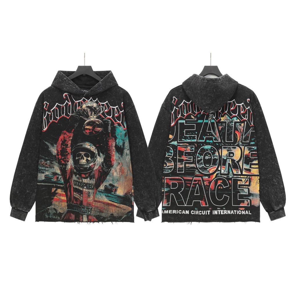 God Bless America Retro Rock Street Print Washed Hoodie - Casual Loose Fit