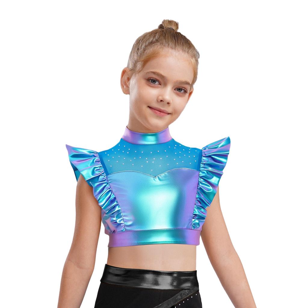 Kids Dance Shirt Metallic Mock Neck Mesh Patchwork Rhinestone Ruffle Crop Top with Press Buttons