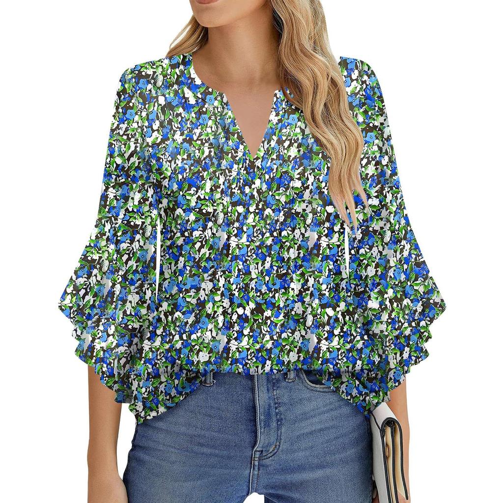 Dámská móda Ležérní plisované tričko s výstřihem do V, jednobarevné, tříčtvrteční rukáv, elegantní top