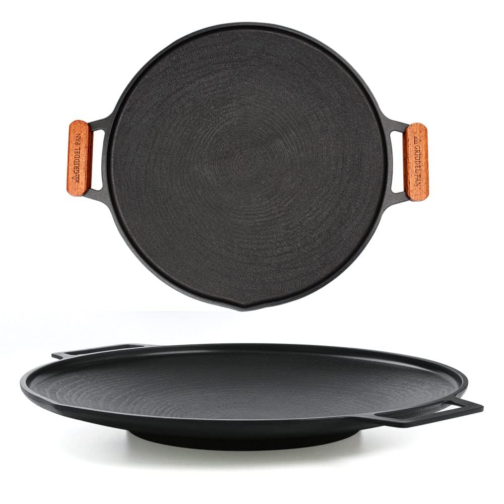 KAZARIKO IH Iron Griddle Round Grill Plate for Direct Korean Large Size with Wooden Handle and Grip Pan, Yakiniku, Samgyeopsal, BBQ, Fire, Home,