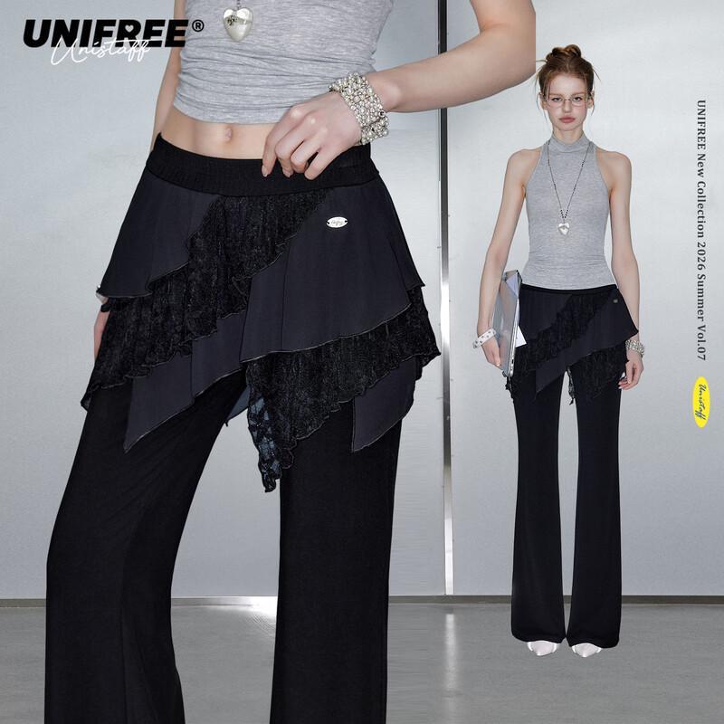 UNIFREE Stylish Irregular Lace Flared Casual Pants L чёрный
