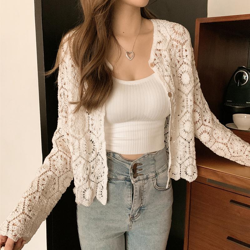 Hollow Knit Top for Women's Outerwear, Thin Lace Sun Protection Pullover, Air-conditioned Shirt, Versatile Shawl Jacket