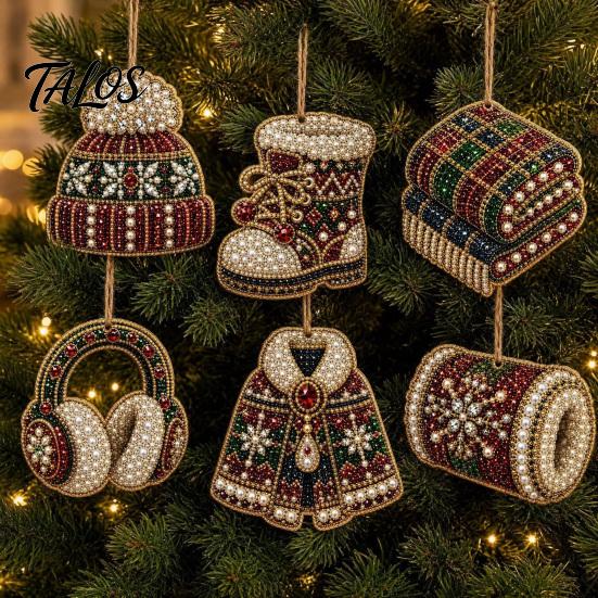 Festive Resin Rhinestone Ornaments 6 Pcs Christmas DIY Faux Pearl Painting Kit Ornaments, Art Seasonal Hanging Decor Tree Decoration with Jute