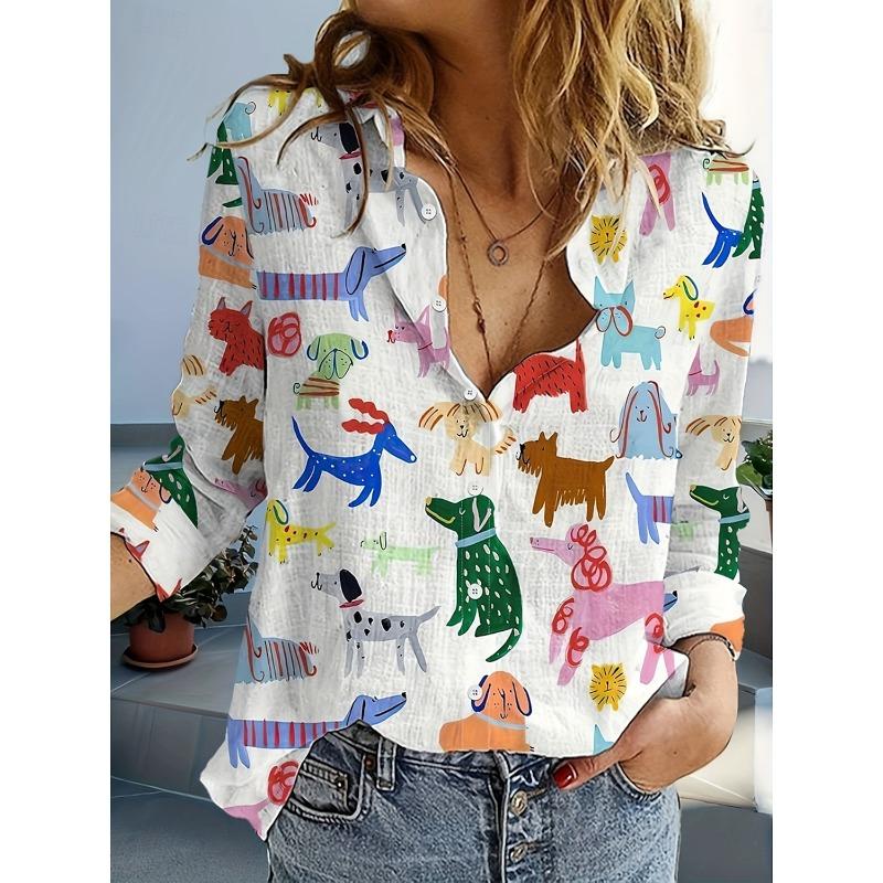 Women's Shirts Animal Dog Graphic Stylish Casual Long Sleeved Shirt Collar Regular Tops Daily Going Out Buttons Women's Clothing