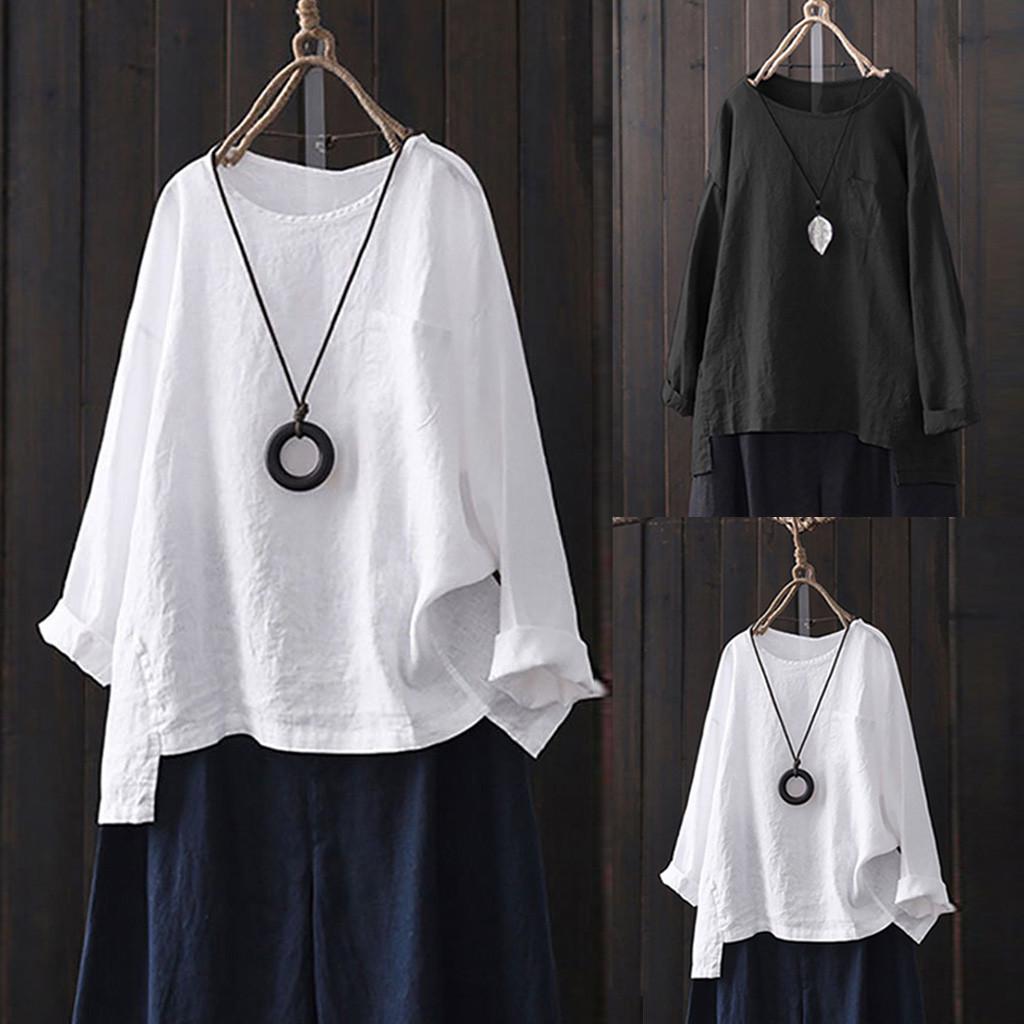 Buy Women Plus Size Cotton Linen Loose Full Sleeve Solid T-Shirt Blouse ...