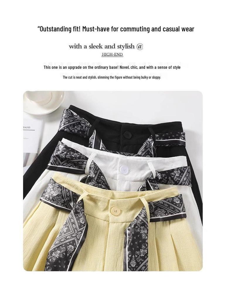 Women's Summer Wide-Leg High Waist Pants with Draped Silk Scarf Belt