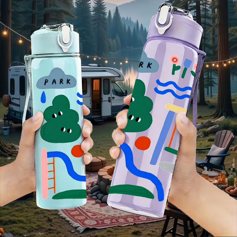 1PC Abstract Geometric Mountain Print 750ml Color Plastic Sports Water Bottle Leakproof Flip Straw Lid Suitable for Sports Office Home Use