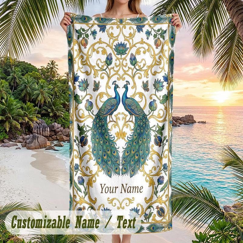 Peacock Artwork Theme Quick Dry Beach Towel Custom Name Text Print Large Sand Resistant Towel Beach Vacation