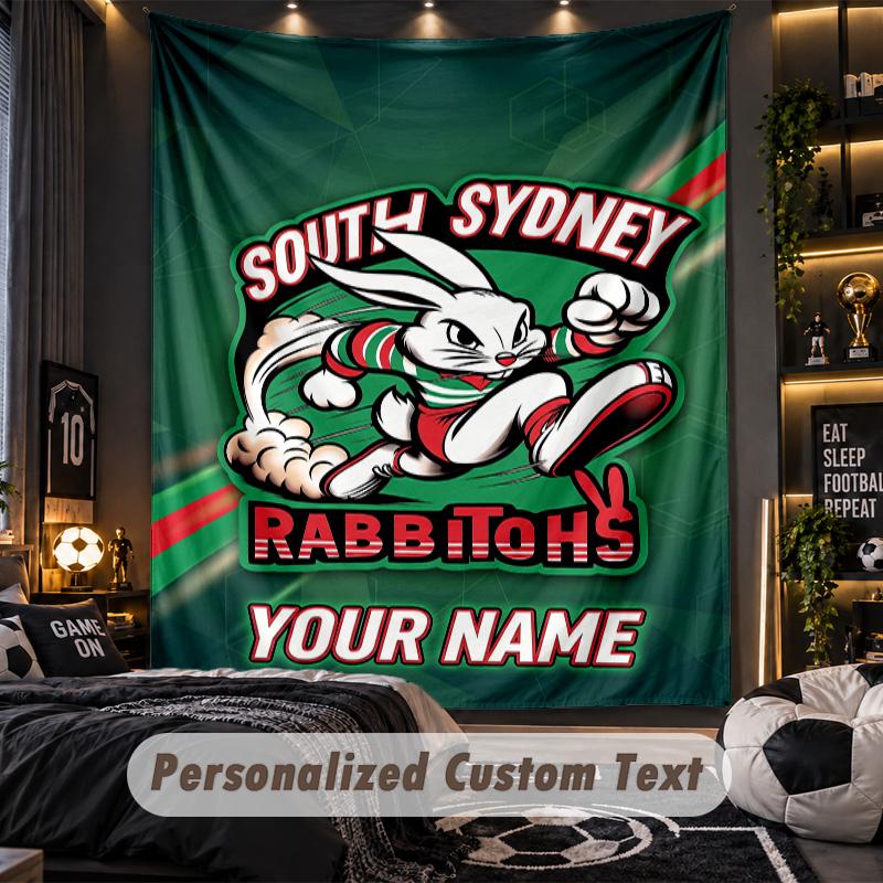 TapestrySouth Sydney Rabbitohs Custom Name Text Personalized Wall Hanging Tapestry Home Wall Decor