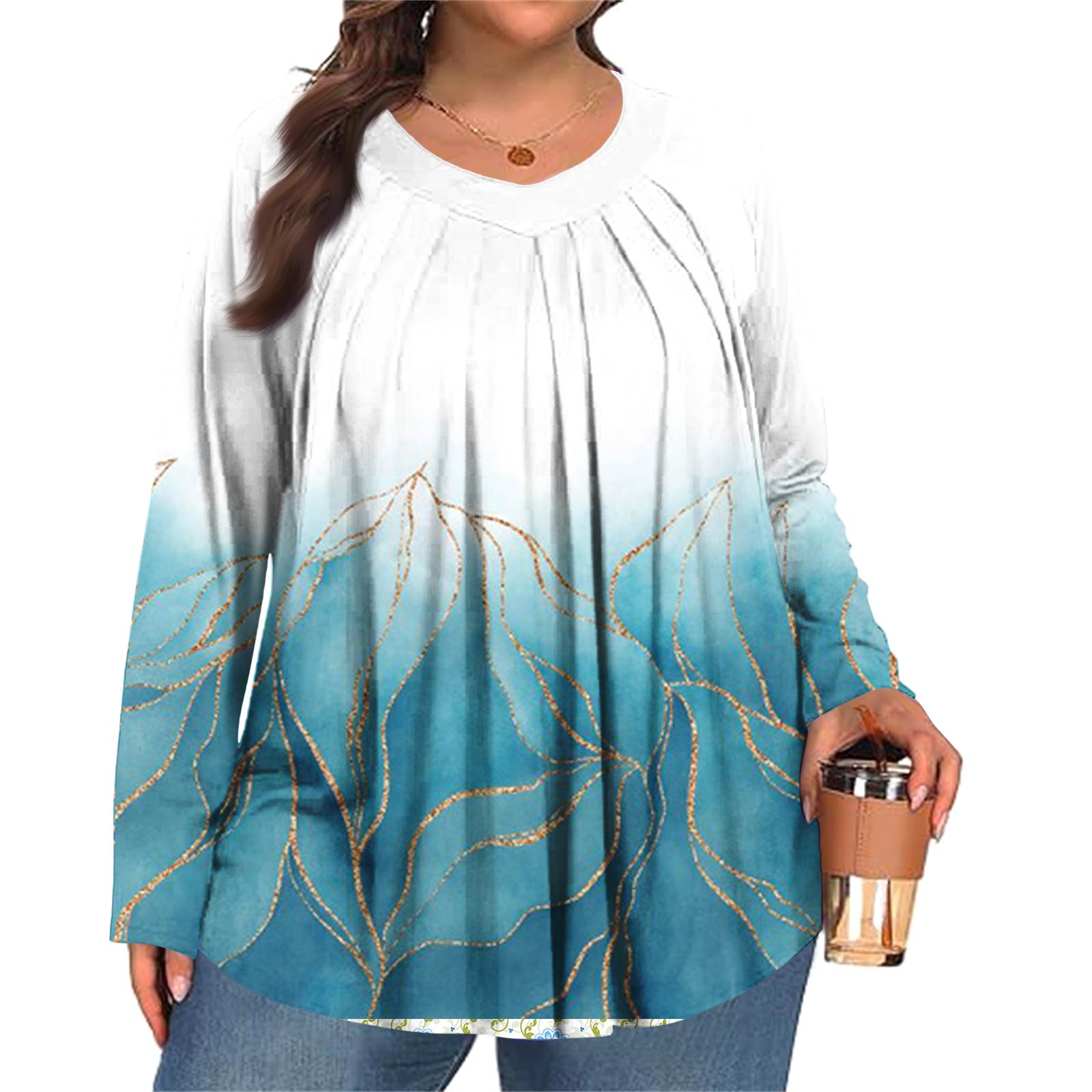 

Women s Plus Size Fashion Printed Casual Pleated Round Neck Long Sleeve Top XL