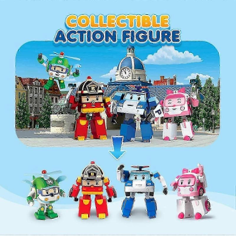 Robocar Poli 4 Pack Poli + Amber + Roy + Helly Transforming Robot Toys, 4" Transformable Action