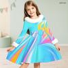 Girls Faux Fur Trim Collar Long Sleeve Printed A Line Flared Dress With Waist Bow