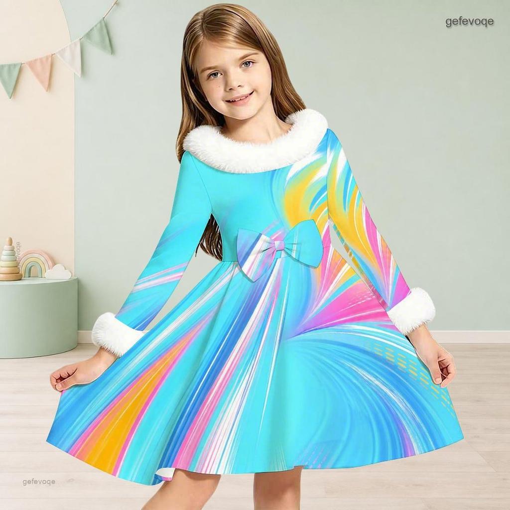 Girls Faux Fur Trim Collar Long Sleeve Printed A Line Flared Dress With Waist Bow