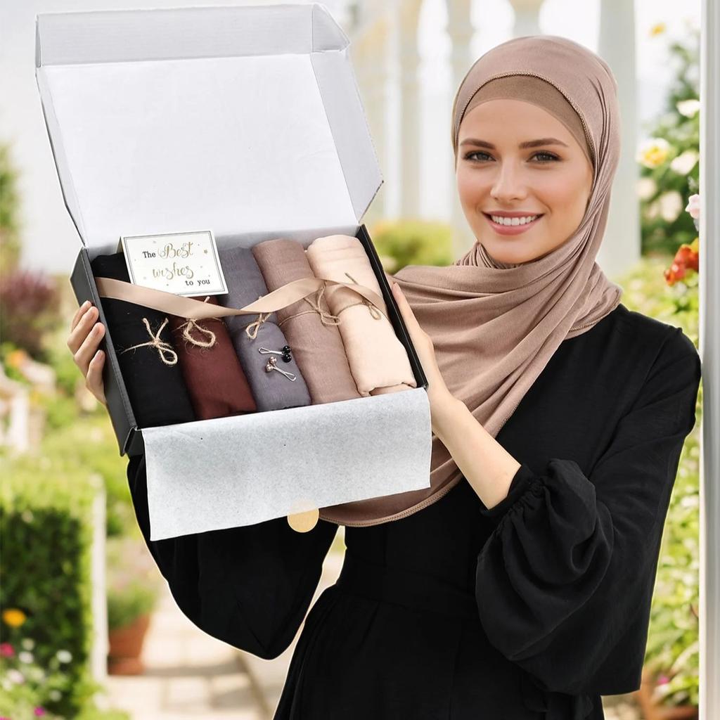 Ramadan Modal Chiffon Baumwoll-Hijab-Schal-Set, muslimisches Kopftuch mit Box, gemischtes Hijab-Stirnband, Kopftuch, weibliches Foulard-Hijab-Geschenk