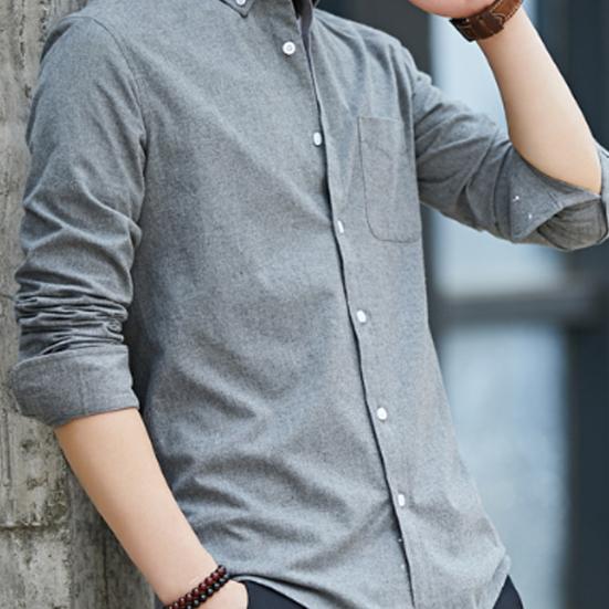 Men Shirt Long Sleeve Solid Color Button Single-breasted Cardigan Dress-up Lapel Casual Men Spring Shirt for Work