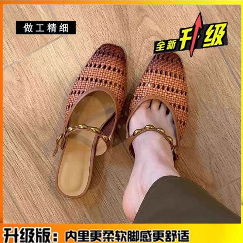 

Версия из овчины~ Французские ретро сандалии с квадратным носком и полым верхом, женские универсальные дышащие повседневные туфли-мюли с открытым верхом, одинарные туфли 40