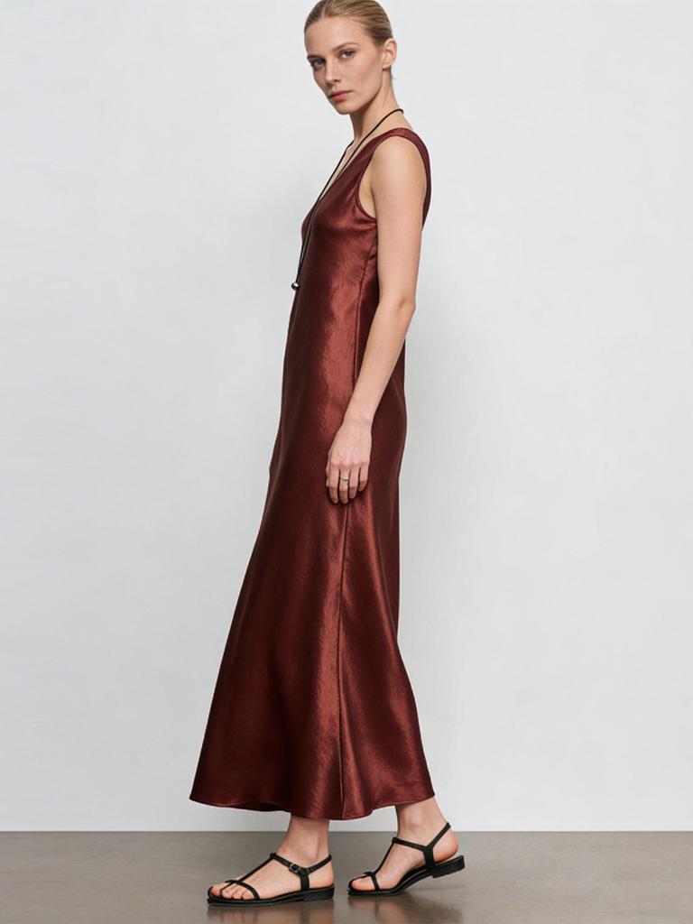 Elegant Satin Slim-Fit U-Neck Sleeveless Dress for Seaside Vacations