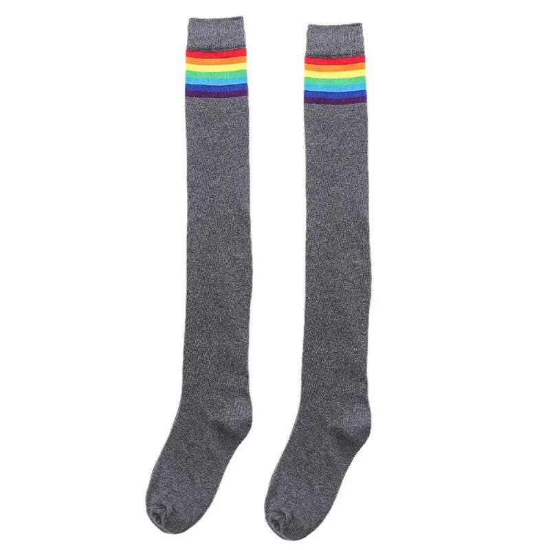 Womens Thigh High Stocking Rainbow Striped Ladies Girls Black White Long Winter Over Above Knee Socks Blue Y2K Japanese Femboy