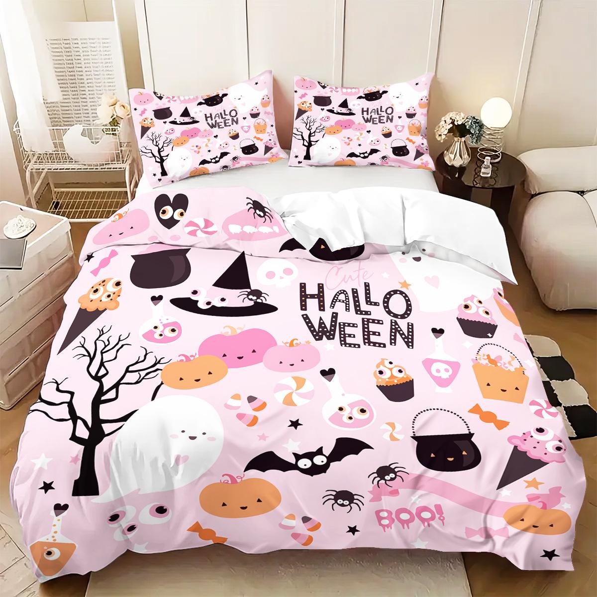 

Pink Halloween Bedding Set Lovely Ghost 3D Printed Cozy Duvet Cover Set King Queen Twin Single Size Birthday Gift Bedroom Decor EU Single 135x200cm