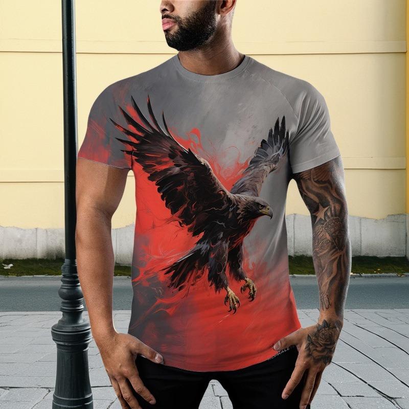 Men's Round Neck T-shirt Short Sleeved Printed Casual Shoulder Top Men's Loose Fit Pullover Printed Eagle Picture Shirt