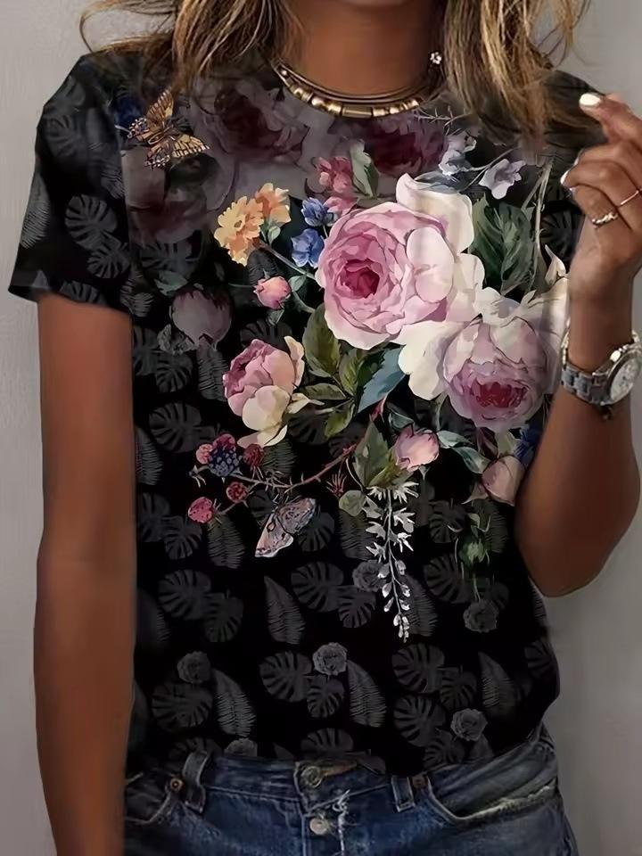 Summer Women Casual Loose T Shirt Crew Neck Breathable Short Sleeve 3D Vintage Floral Print Tops Blouse for Ladies S