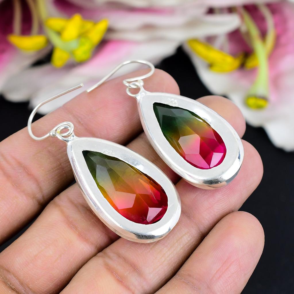 Bi-Color Tourmaline Gemstone 925 Sterling Silver Jewelry Earring 2.13" KG-1760