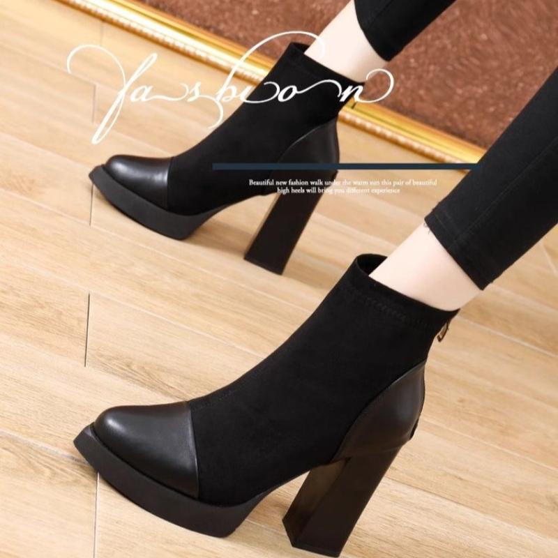 2026 Shoes for Women Ankle Women's Boots Platform Modern Boots Women Flock Back Zip Pointed Toe Chunky High Heels Shoes Female
