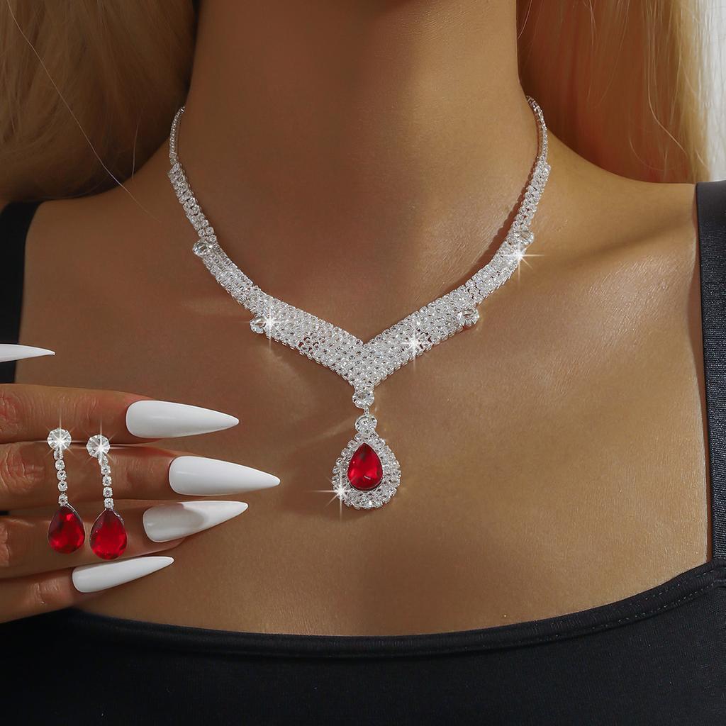 3PC Women's Fashion Copper Claw Chain Series Water Drop Necklace Earrings Zircon Set Wedding Banquet Party Holiday Gift