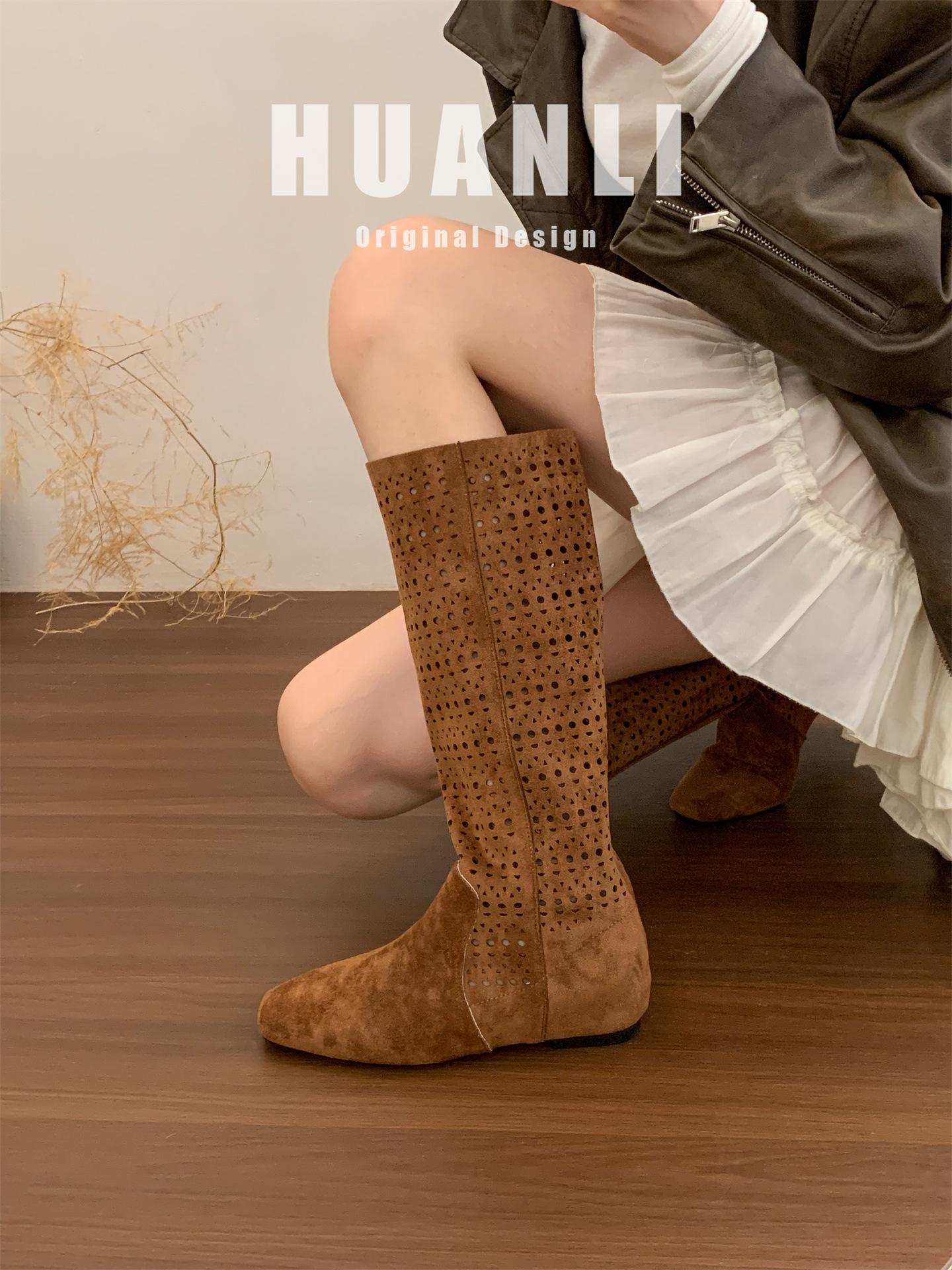 

4CM inner height increase~ retro Spice Girl Maillard hollow boots women s summer breathable non-slip millennial wind thin boots 35