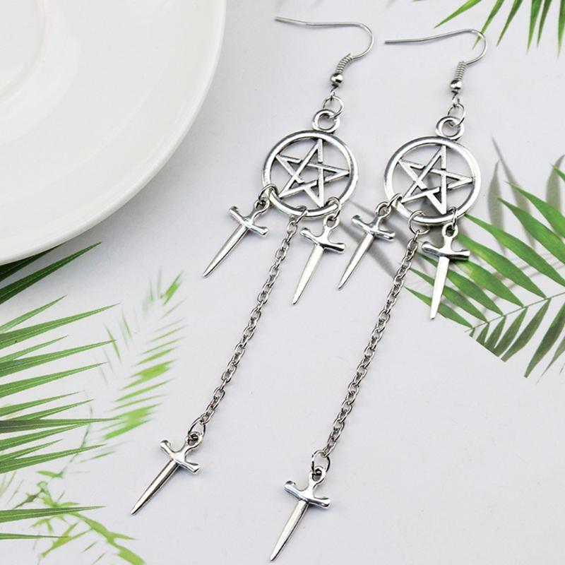 Women's Drop Dangle Earring Five-pointed Star Pendant Sacred Black Sword Gothic Jewelry Earring for Women Teens Girls