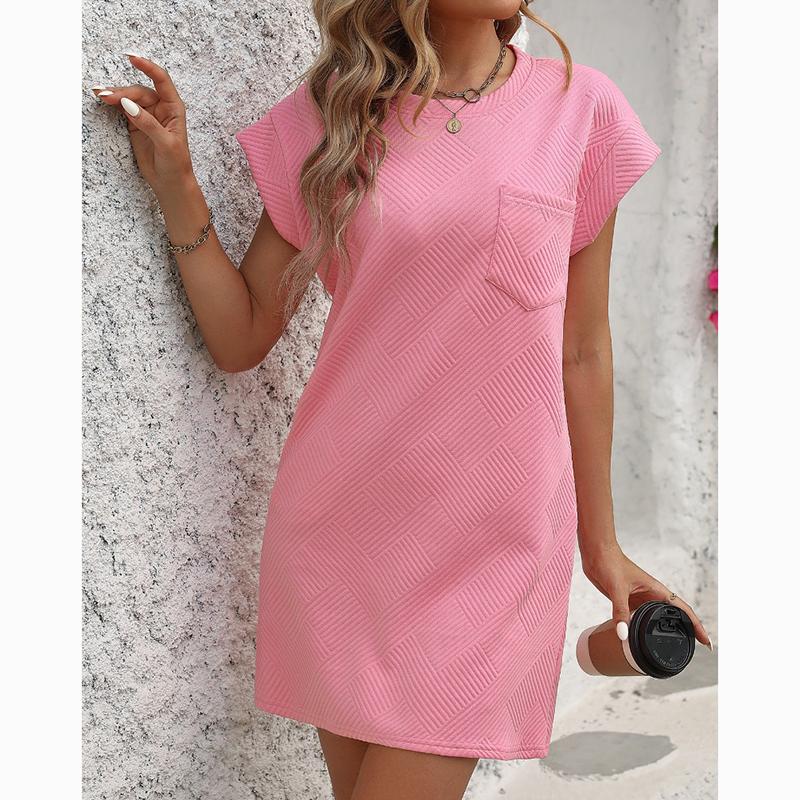 Summer Round Neck Pocket Short Sleeve Dress Women Elegant Loose A Line Pink Short Dress Woman Solid Vintage Casual Party Dresses 24496
