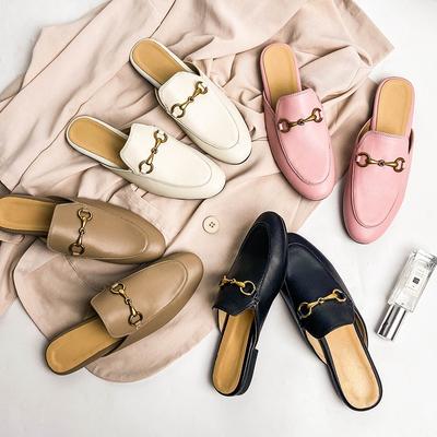 Yeni Moda Metal Tokalı Baotou Yarım Terlik Kadın Yaz Giyimi Muller Ayakkabı Düz Sandaletler Sandaletler