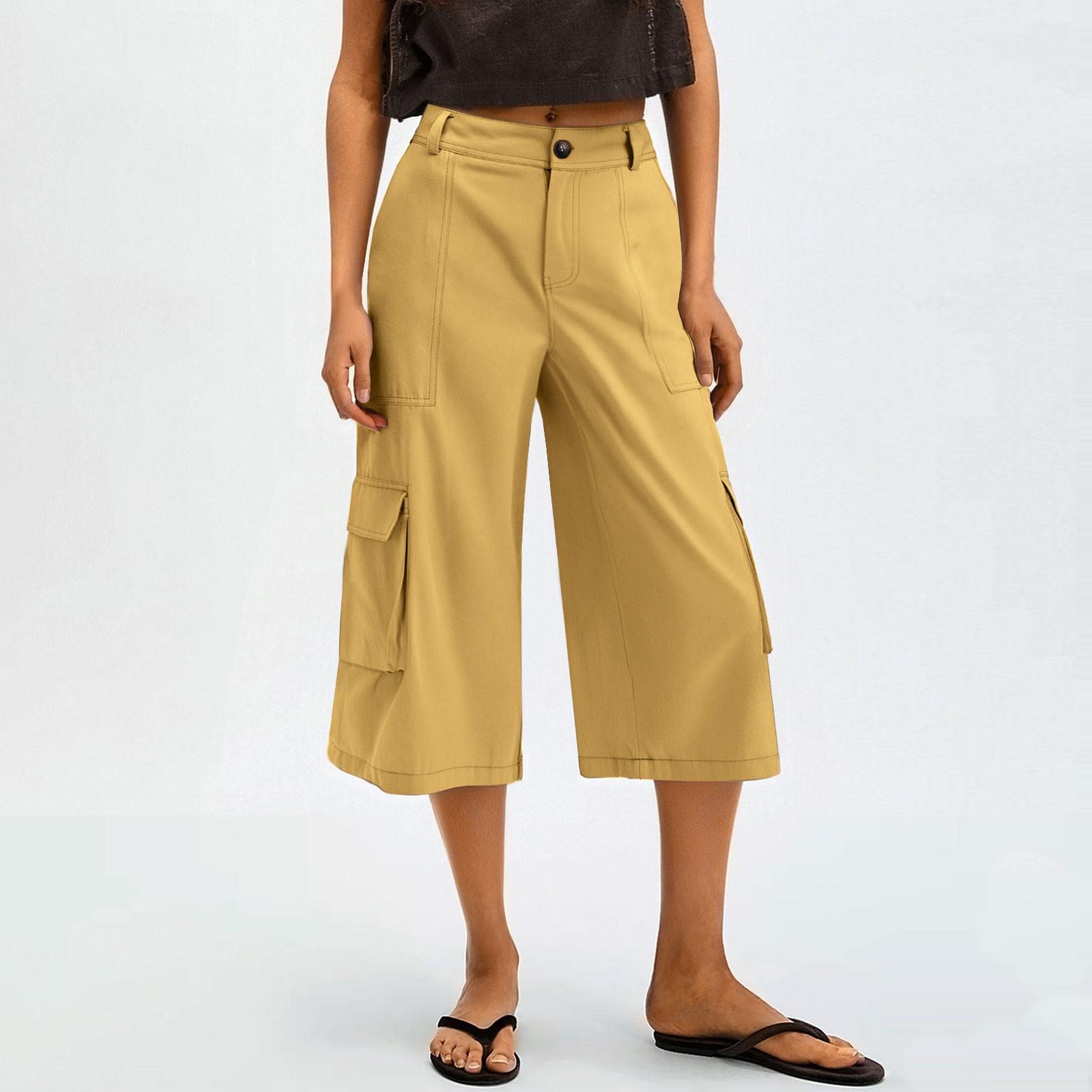 

Женские широкие брюки с карманами, свободные укороченные брюки с высокой талией жёлтый