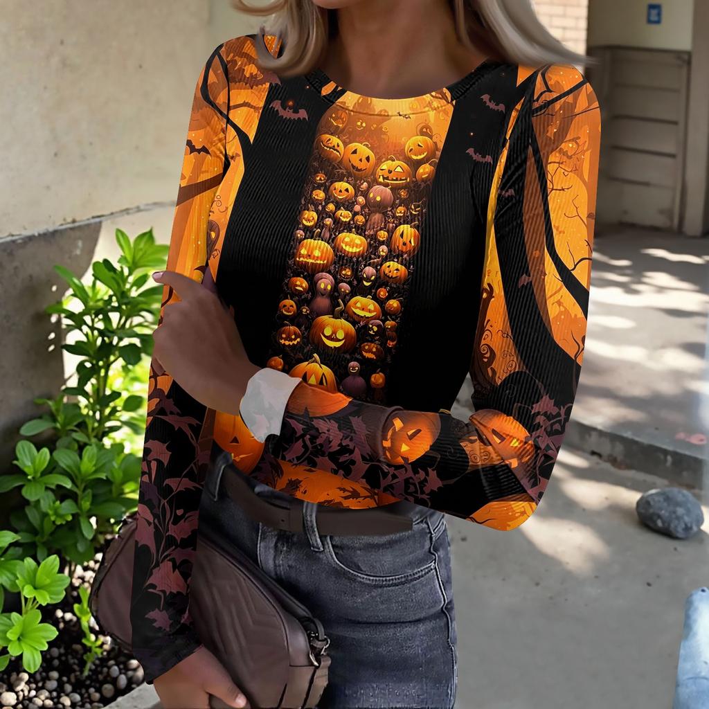 Women's Casual Long Sleeve Ribbed Top Halloween Print Round Neck Stretchy Slim Fit Pullover Shirt for Fall and Winter