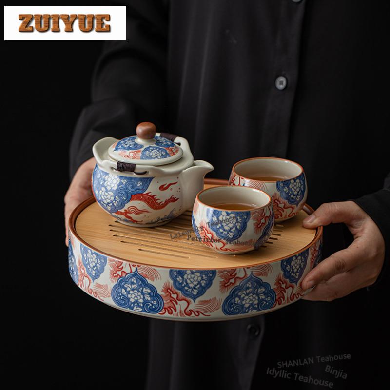 Ru Kiln Water Storage Bamboo-surface Tea Tray Snack Plate Coffee Storage Board Teapot Base Dishes For Serving Drinkware Supplies