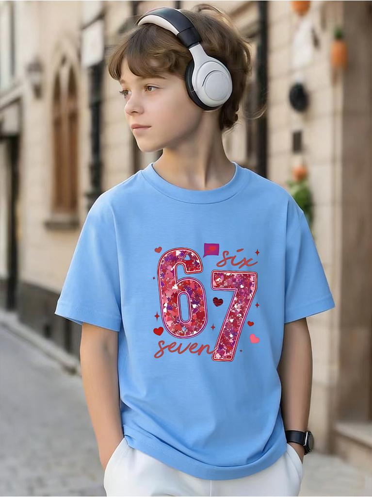 Children's Glitter Heart 67-Digit Printed Short-Sleeved Shirt, Fashionable, Casual And Comfortable, Versatile T-Shirt