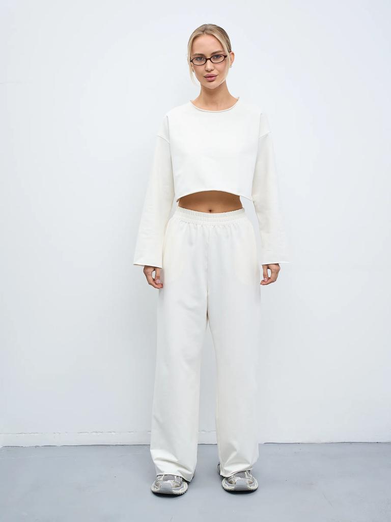Spring and Summer Women's Casual Suit Solid Color Long Sleeve Crew Neck T-Shirt Elastic Wide Leg Pants Two-piece Set