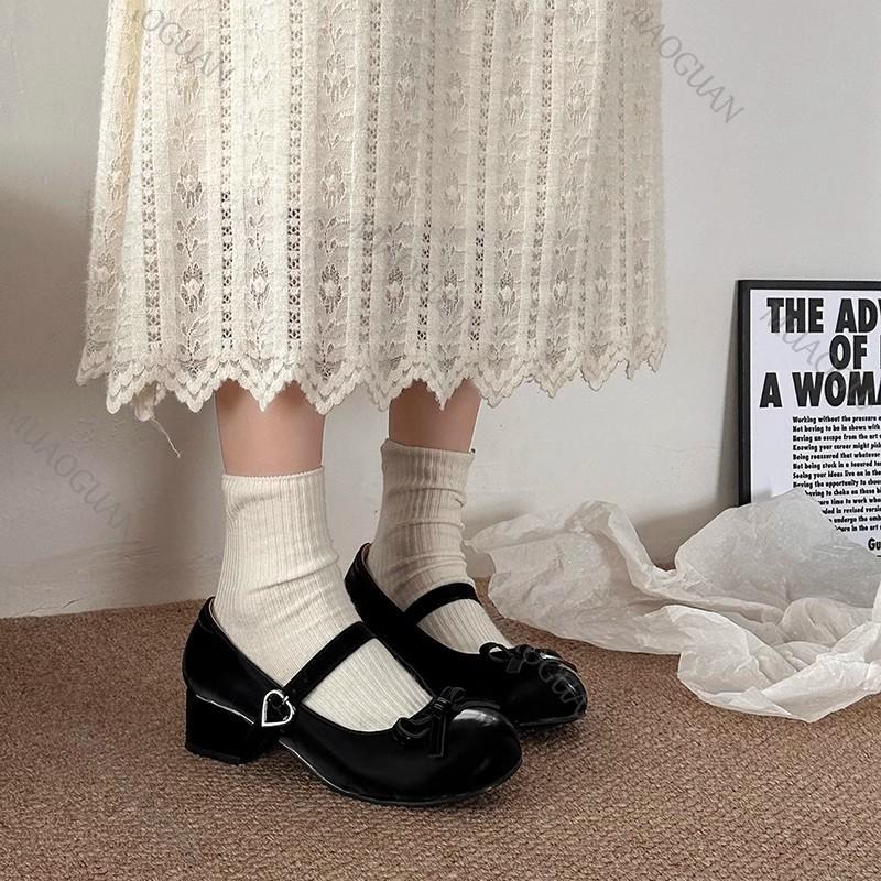Fashion Bow Shallow Mouth Cute Pumps Spring Autumn Temperament Thick Middle Heel Mary Janes Shoes Solid Round Toe Suede Pumps for Women