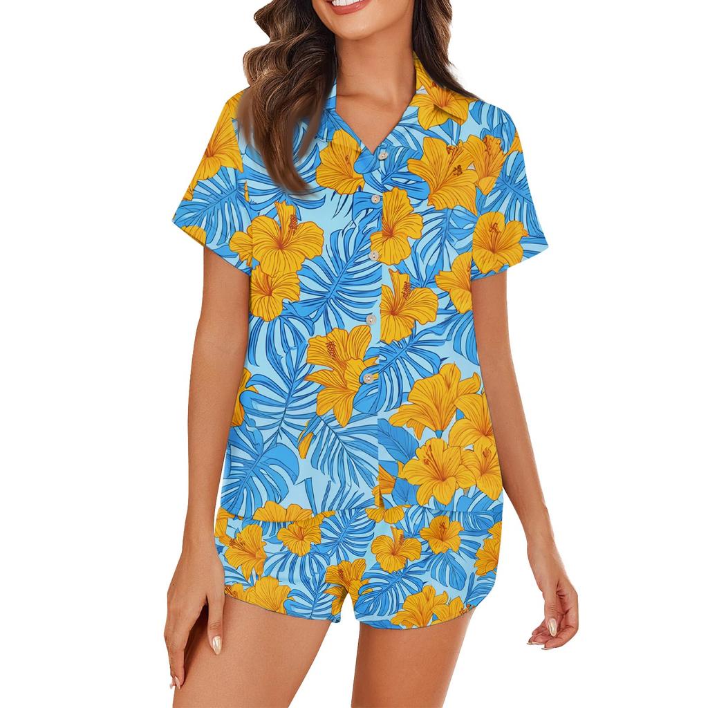 Women's Ice Silk Pajamas Button Homewear Hawaiian Print Short Sleeve Satin Pajama Set